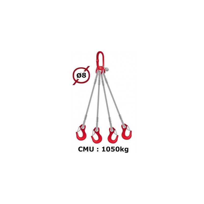Elingue câble 4 brins crochets à linguet 1050 kg - Longueur : 1M
