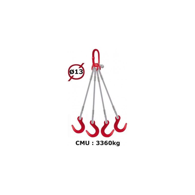 Elingue câble 4 brins crochets de fonderie 3360 kg - Longueur : 2M