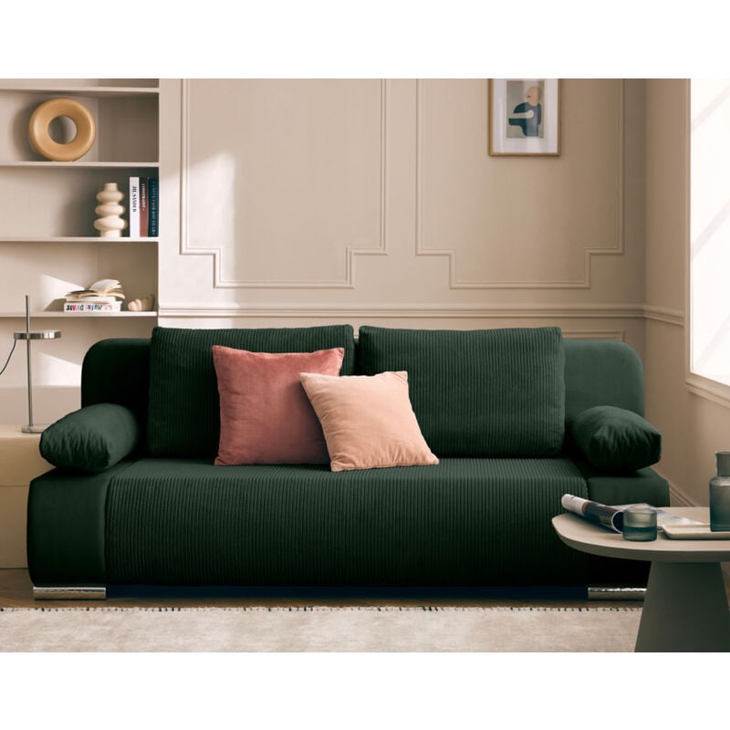 Bestmobilier - Elio - canapé 3 places convertible - avec coffre - en velours et velours côtelé - vert