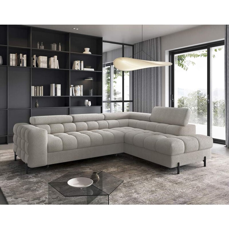 Elisa - canapé d'angle droit 5 places convertible avec coffre et têtières réglables en tissu bouclette