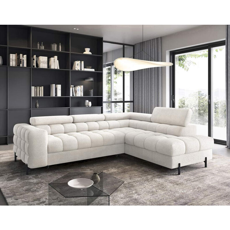 Bestmobilier - Elisa - canapé d'angle droit 5 places convertible avec coffre et têtières réglables en tissu bouclette - blanc