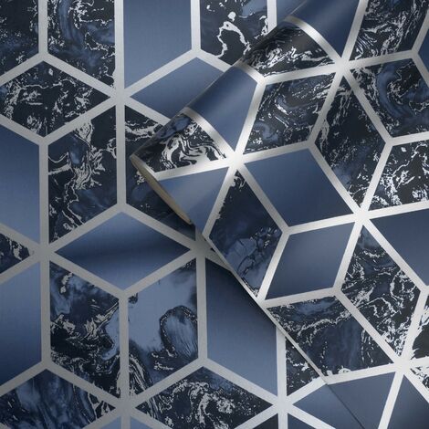 Elixir Cube Blue & Silver Geometric Marble Bedroom Wallpaper Living Room Wallpaper Rolls - Blue & Silver