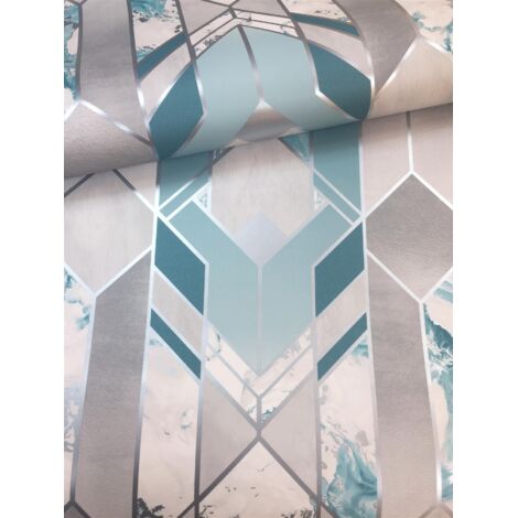 YOL Elixir Geometric Marble Wallpaper Teal Silver Metallic Muriva Vinyl Modern