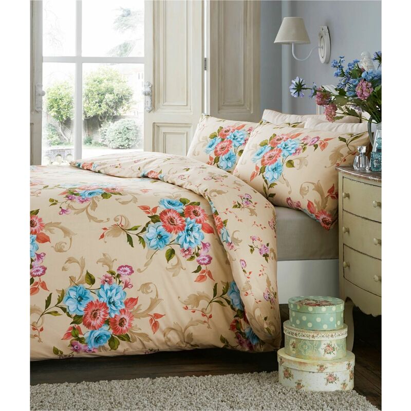 Ella Natural Super King Size Duvet Cover Set Floral Reversible Bedding Bed Set