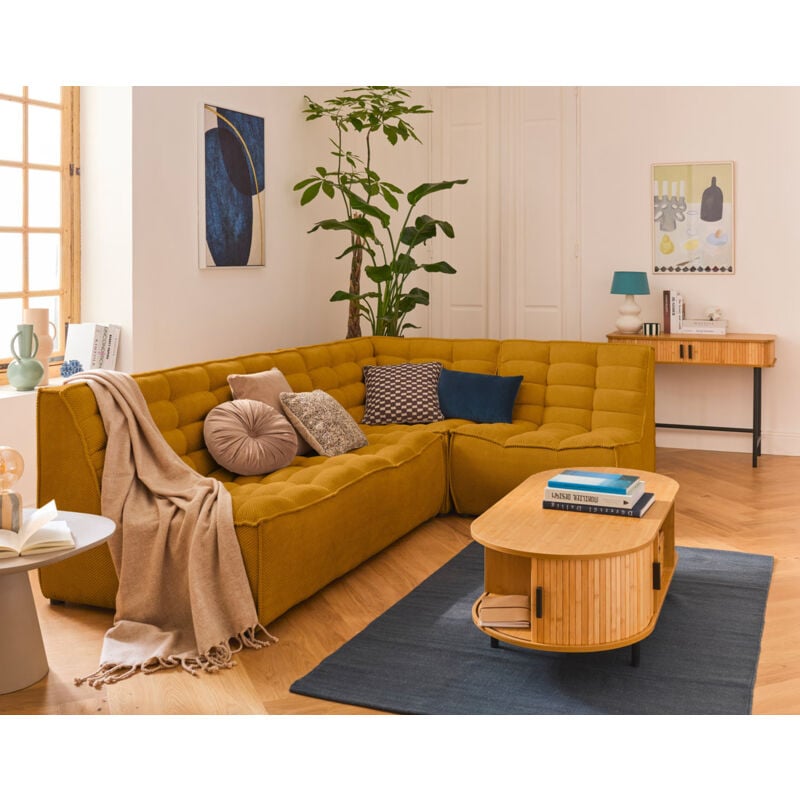 Ellie - canapé modulable d'angle réversible 4 places en velours texturé - jaune
