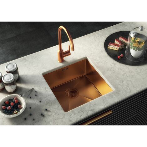 Ellsi Elite Single Bowl Kitchen Sink Stainless Square Undermount Copper Waste