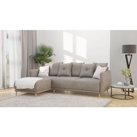 Elmo - Ecksofa mit Schlaffunktion und Bettkasten in scandinavischem Design mit Holzfüßen aus Dunkelbeige Luxusmicrofaser