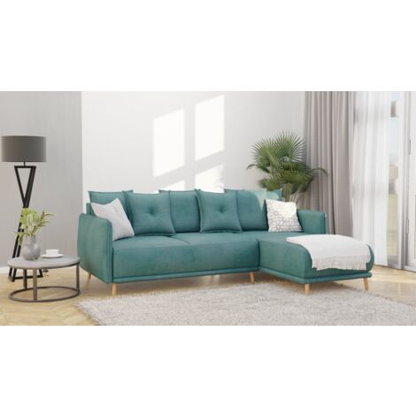 Elmo - Ecksofa mit Schlaffunktion und Bettkasten in scandinavischem Design mit Holzfüßen aus Türkis Luxusmicrofaser