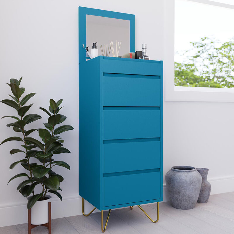 mobilier deco - eloise commode avec coiffeuse integree et 4 tiroirs bleu canard design bleu