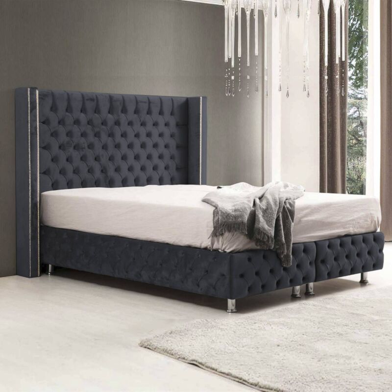 ELSA - Lit coffre en tissu velours gris anthracite 160x200 cm