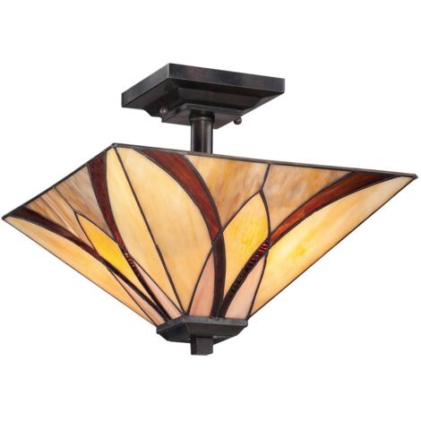 Elstead Asheville - Lampada da soffitto a 2 luci semi-filo bronzo, vetro Tiffany, E27