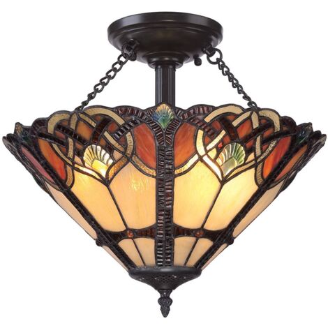 Elstead Cambridge - Plafoniera semi-filo a 2 luci vintage bronzo, vetro Tiffany, attacco E27