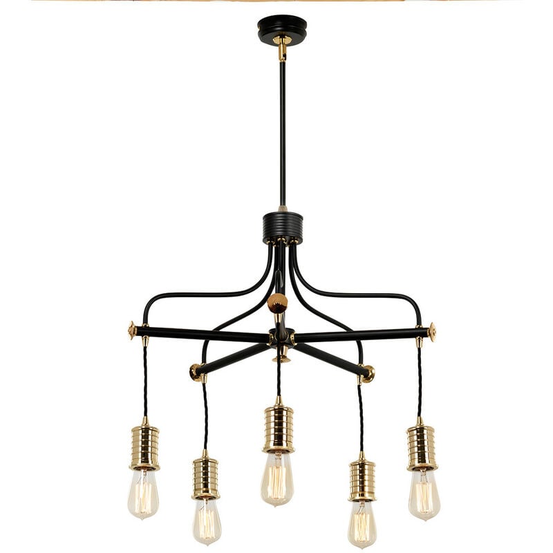 Image of Douille - Lampadario a 5 luci nero, finitura ottone lucido, attacco E27 - Elstead