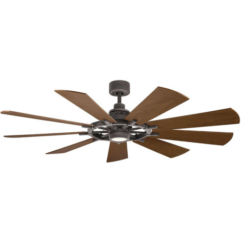 Elstead Gentry Ventilateur de plafond 165 cm, 9 pales, lumière LED variable 3000 K, zinc patiné, télécommande.