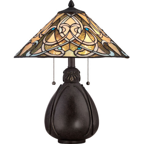 Elstead India - Lampada da tavolo a 2 luci bronzo imperiale, vetro Tiffany, E27