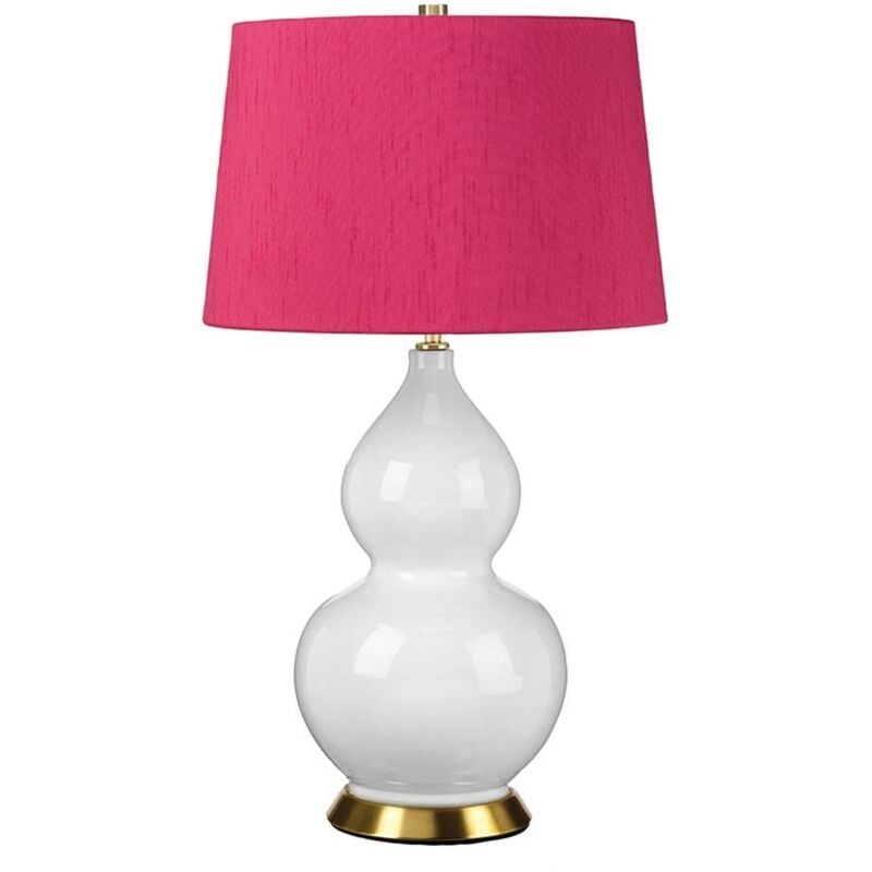Image of Lampada da tavolo isla E27 1x60W ceramica/acciaio bianco/ottone vecchio, seta artificiale rosa, mirtillo rosso H:64cm L:36cm Ø36cm con interruttore