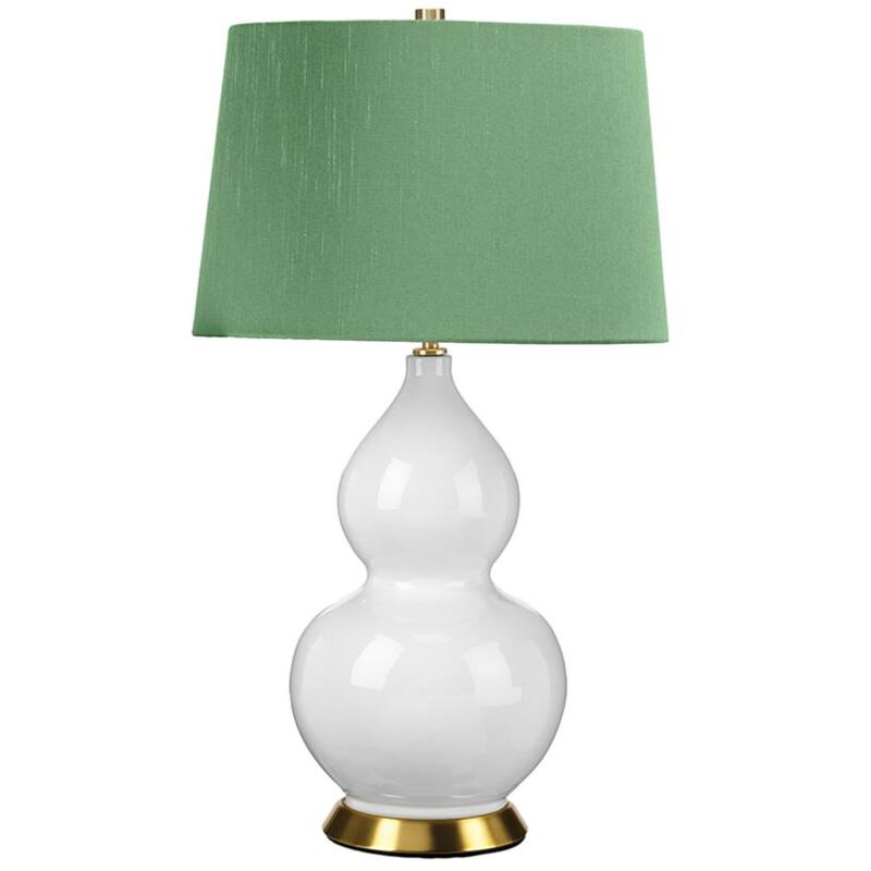 Image of Lampada da tavolo isla E27 1x60W ceramica/acciaio bianco/ottone vecchio, seta artificiale verde okra H:64cm L:36cm Ø36cm con interruttore