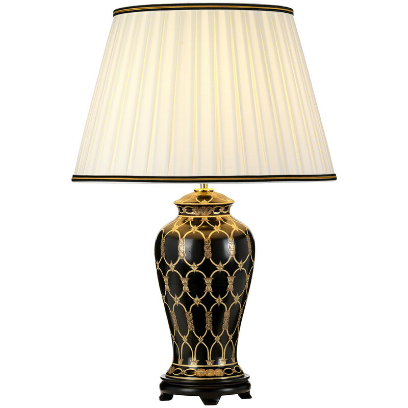 LightBox Taipei Traditional Black Oriental Ceramic Vase Table Lamp, Tall Empire Cotton Shade - Elstead