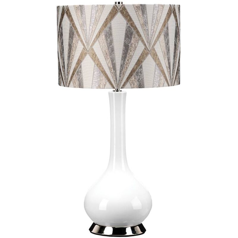 Image of Lampada da tavolo milo E27 1x60W ceramica/acciaio nichel lucido, bianco, argento Tessuto con cromo satinato H:69cm L:36cm Ø36cm con interruttore