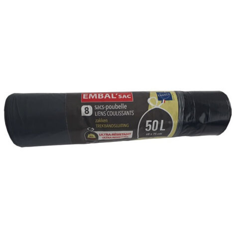 EMBAL SAC - Sac poubelle ultra résistant lien coulissant 50L x 8 sacs