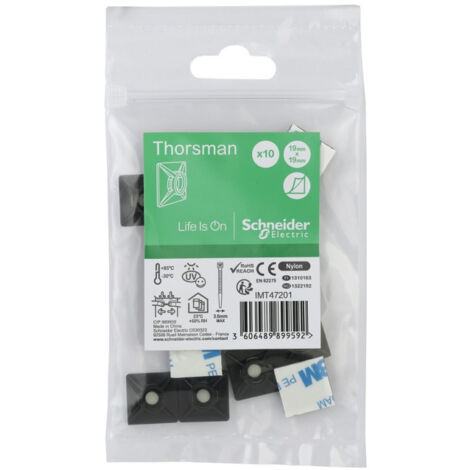 Embase auto-adhésive 19x19mm noire pour collier serre-cable largeur 3.6mm max (blister de 10) Pa6.6mm anti-UV Thorsman