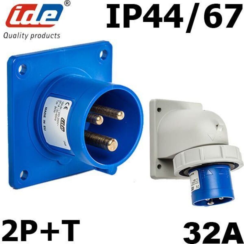 IDE - Prise mâle cee P17 2P+T 32A étanche IP44 ou IP67 à encastrer sur coffret - Étanche IP67 ou IP44 - IP44 - Embase mâle 2P+T - 32A - 230V