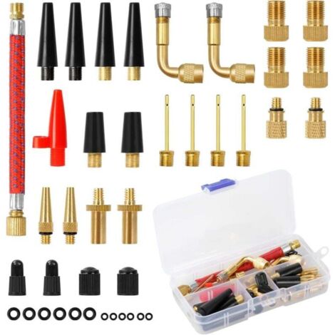 Embout Pompe Velo 40 Pièces, DV AV SV Adaptateur de Valve de Vélo avec Boîte de Rangement, Embout Gonfleur Ballon, Adaptateur Pompe Velo avec Tuyau de Gonflage, pour Pompe à Vélo/Compresseurs Pompes