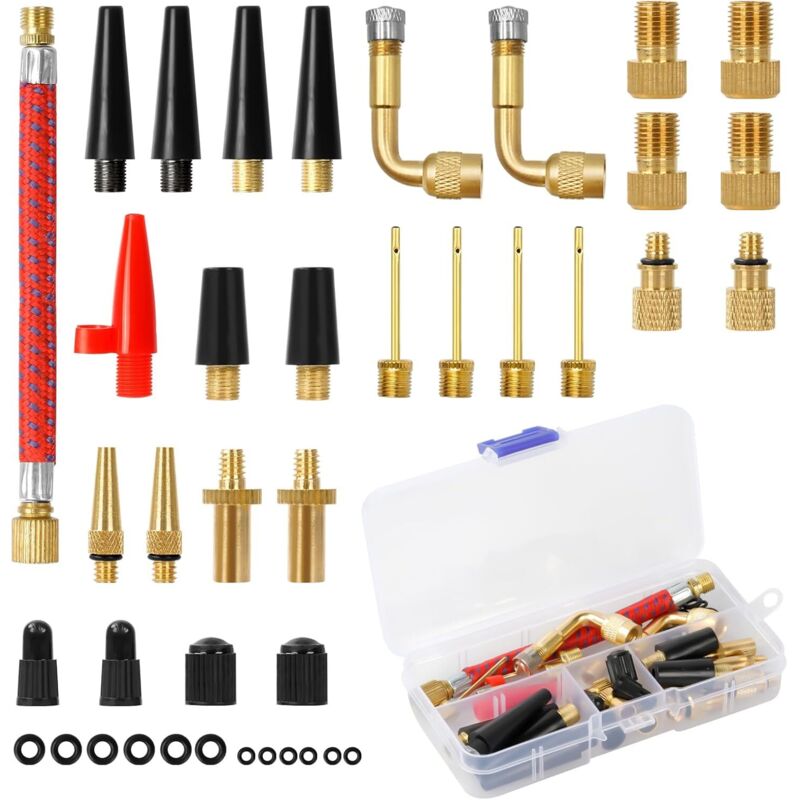Embout Pompe Velo 40 Pièces, DV AV SV Adaptateur de Valve de Vélo avec Boîte de Rangement, Embout Gonfleur Ballon, Adaptateur Pompe Velo avec Tuyau