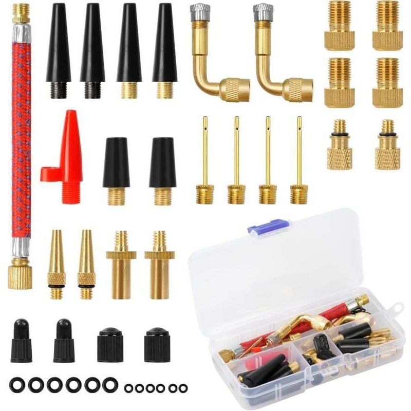 Embout Pompe Velo 40 Pièces, DV AV SV Adaptateur de Valve de Vélo avec Boîte de Rangement, Embout Gonfleur Ballon, Adaptateur Pompe Velo avec Tuyau