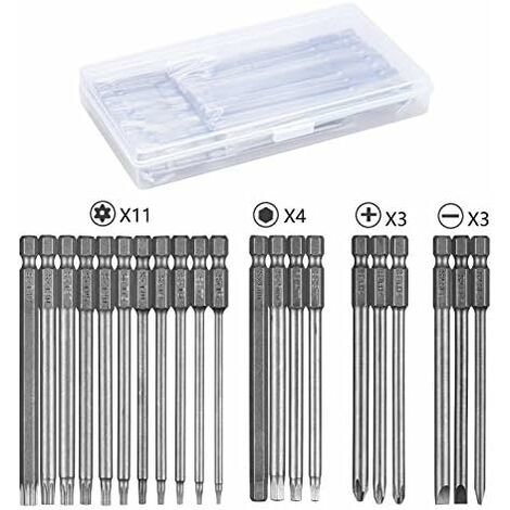 Embouts de Tournevis 21 Pièces, Embout de Vissage Magnetique 100mm Long, Torx T6-T40, Hexagonal 3mm-6mm, Phillips PH2, Plats 4mm-6mm, 1/4" Hex Tige, Acier S2