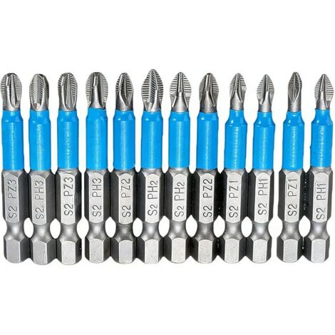 Embouts de Tournevis à Tête Cruciforme Magnétique, 12Pcs 50mm Embout Visseuse Aimanté, Screwdriver Bits PH1 PH2 PH3 PZ1 PZ2 PZ3 pour Tournevis Électriques à Main