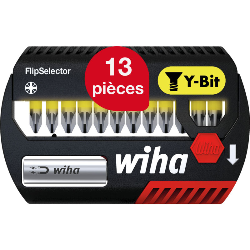 Wiha - Jeu d'embouts FlipSelector 13 pièces i Embout y 25 mm Pozidriv 1/4' C6,3 i Porte embout magnétique i Adapté aux visseuses à impact & à