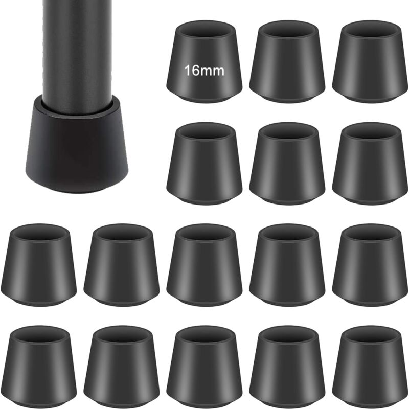 Embouts en caoutchouc pour pieds de chaise – lot de 16, silicone noir, 16 mm, sols durs