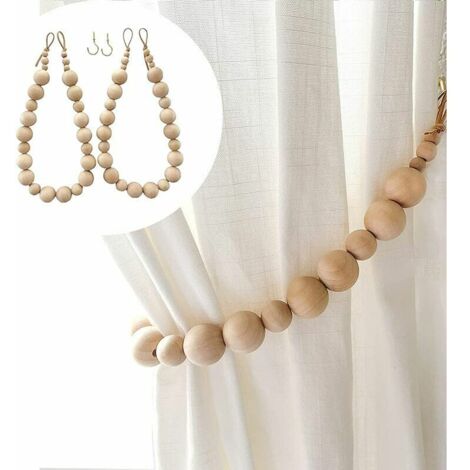 Embrasse de rideau en perles de bois naturel – Cordon en cuir PU – Dimensions 52 x 1 x 1 cm – Lot de 2 pour rideaux transparents