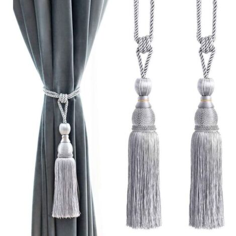 Embrasses de rideaux décoratives à pompons et boules - Attaches de rideaux pour la maison et le bureau, boucles tressées, franges, lot de 2 (gris)