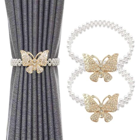 Embrasses de rideaux dorées et argentées en forme de papillon avec perles et boucle en métal, idéales pour le salon et la chambre à coucher,Or