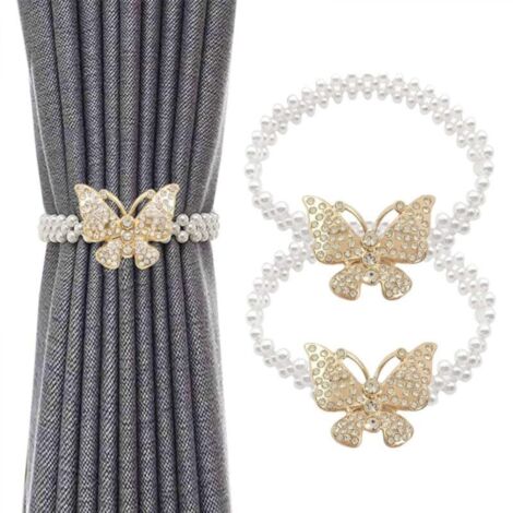 Embrasses de rideaux dorées et argentées en forme de papillon avec perles et boucle en métal, idéales pour le salon et la chambre à coucher,Or