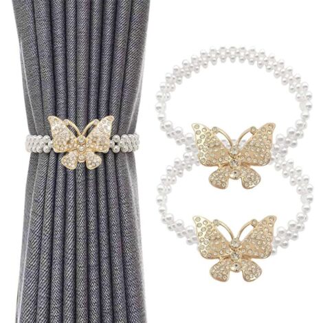 Embrasses de rideaux dorées et argentées en forme de papillon avec perles et boucle en métal, idéales pour le salon et la chambre à coucher,Or