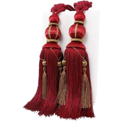 Embrasses de rideaux en corde à pompons rouge, fait main pour rideaux épais.