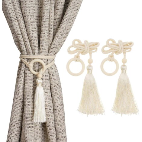 Embrasses de rideaux en corde de coton, convenant aussi bien aux rideaux décoratifs d'intérieur qu'à ceux d'extérieur  élégantes pinces à rideaux décoratives à pompons, lot de 4, beige.