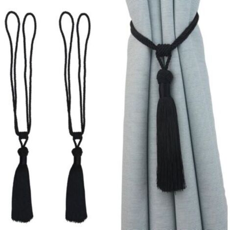 Embrasses de rideaux en corde tressée faits main avec pompons décoratifs – Lot de 2, couleur noir, pour bureau et intérieur
