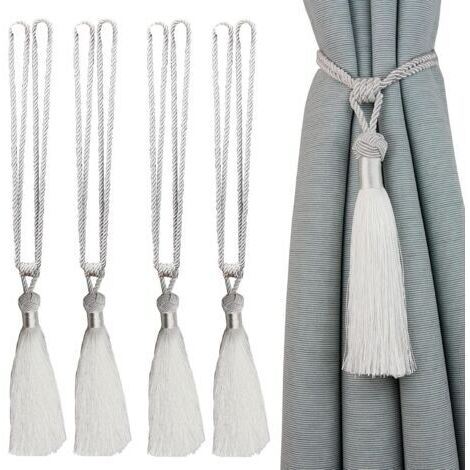 Embrasses de rideaux faites à la main en corde avec pompons pour décoration de bureau et de maison, blanc (blanc, 4)