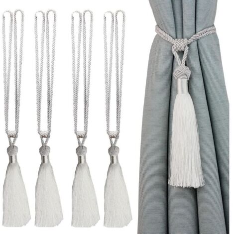 Embrasses de rideaux faites à la main en corde avec pompons pour décoration de bureau et de maison, blanc (blanc, 4)
