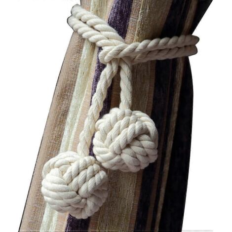 Embrasses de rideaux tressées à la main avec double pompon en corde de coton faite main (lot de 2) - Blanc