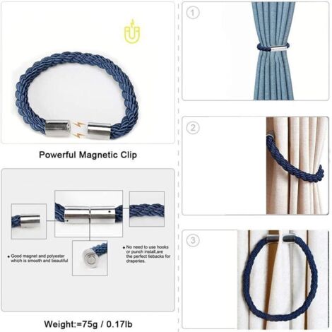 Embrasses magnétiques pour rideaux – Lot de 2, design moderne avec aimants puissants et cordon tressé bleu