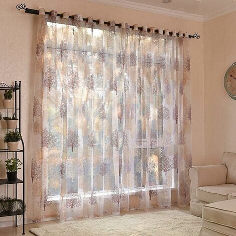 Embroidery Sheer Eyelet Curtains Window Curtain Semi Voile Drapes Panels for Living Room Bedroom Flower Tree, Semi Sheer Eyelet Curtains Voile Sheers Curtains for Bedroom (1 Piece, W 140 X H 245cm)