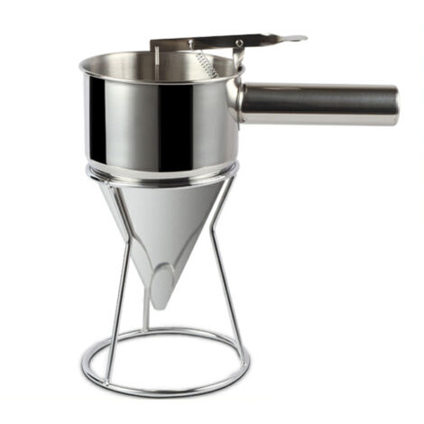 Embudo cónico de acero inoxidable con asa y soporte, dispensador de masa, embudo para bolas de pulpo, embudo dosificador de masa, embudo con soporte.