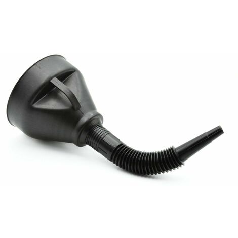 Embudo universal de 140 mm con filtro y boquilla flexible, de Plástico con asa lateral para verter líquidos fácil y seguro.