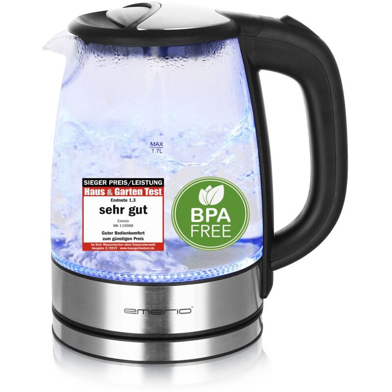 Emerio - bouilloire en verre WK-119988, 1,7 litre, 2200 watts, éclairage intérieur led, base à 360°, gagnant du test prix/performa