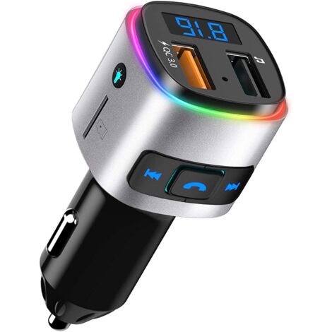 Émetteur Bluetooth pour voiture, kit lecteur de musique avec adaptateur Bluetooth pour autoradio, compatible avec la charge USB QC3.0, appels mains libres, Siri et Google Assistant, carte SD/clé USB, 